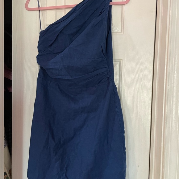 One-Shoulder Navy Blue Linen Dress - Picture 2 of 5